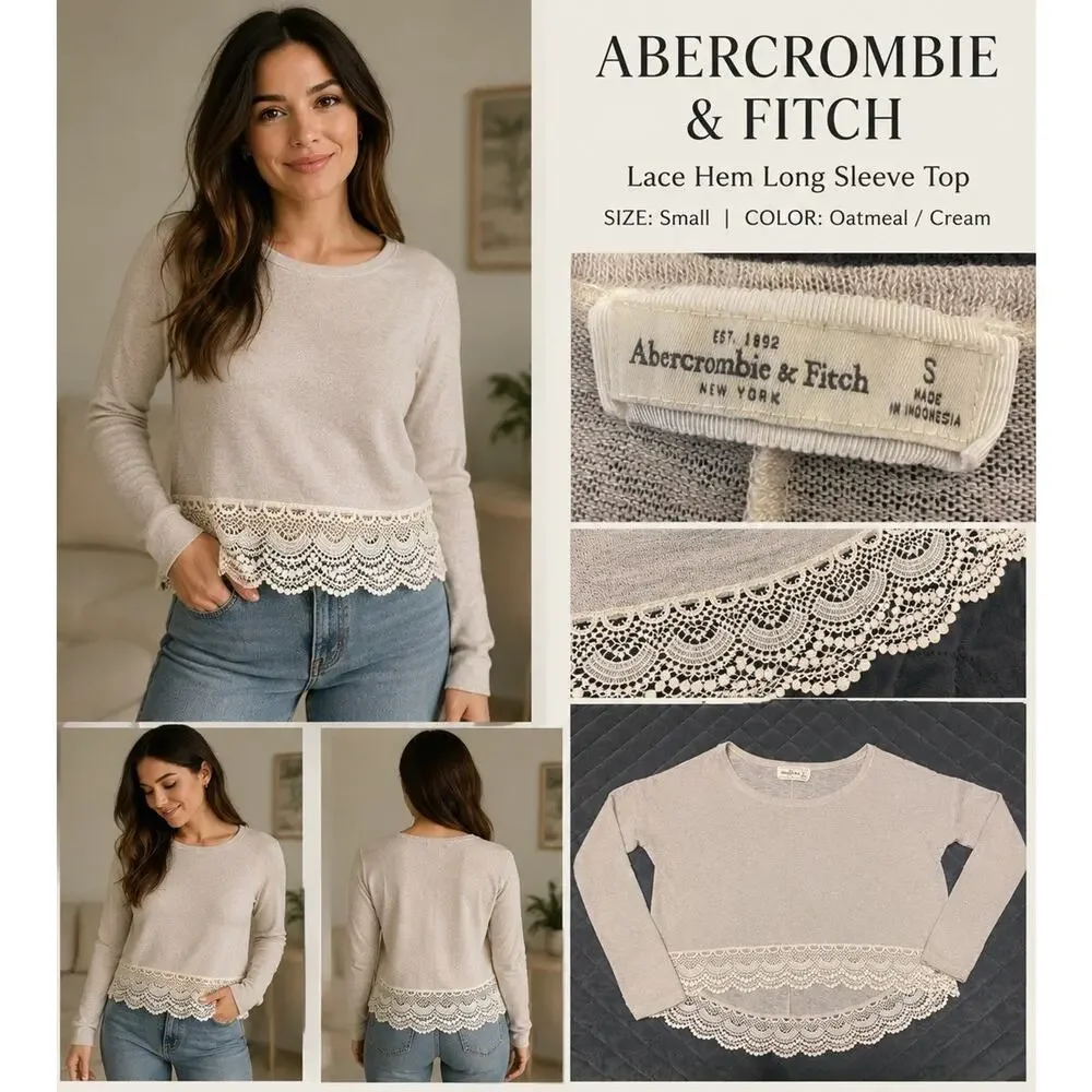 Y2K Abercrombie & Fitch W Oatmeal Long Slv Crochet Lace Hem Boho Cottagecore S